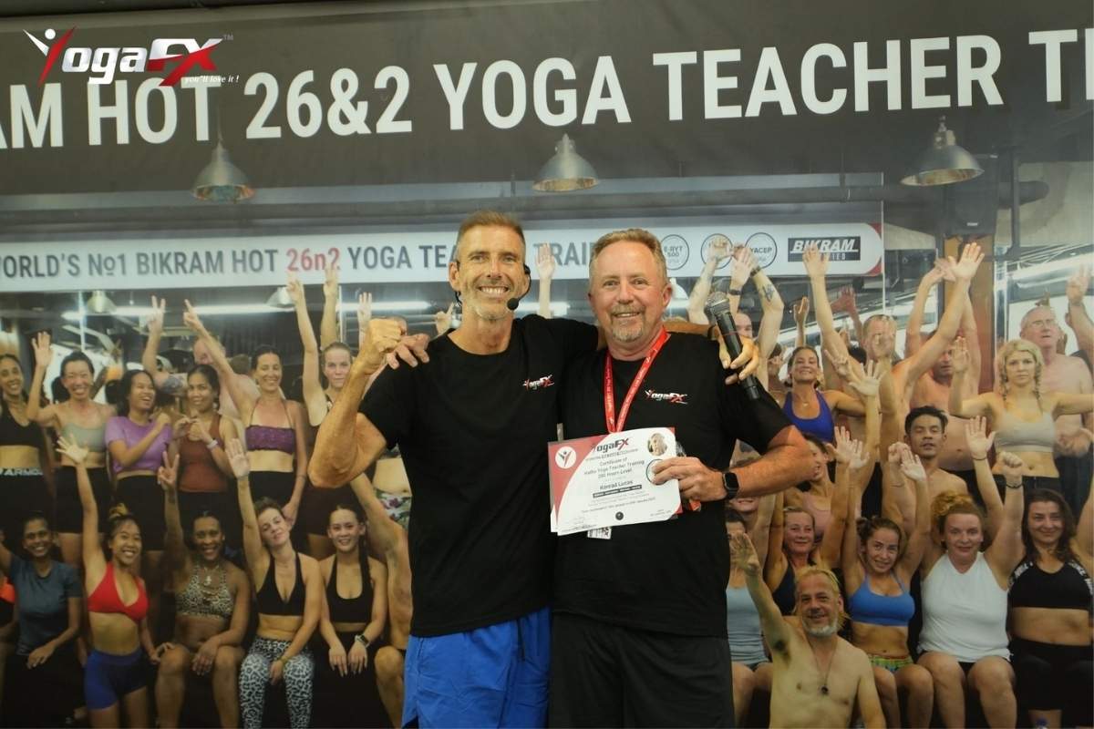 Group of yoga teacher trainees studying theory coursework as part of bikram yoga certification requirements