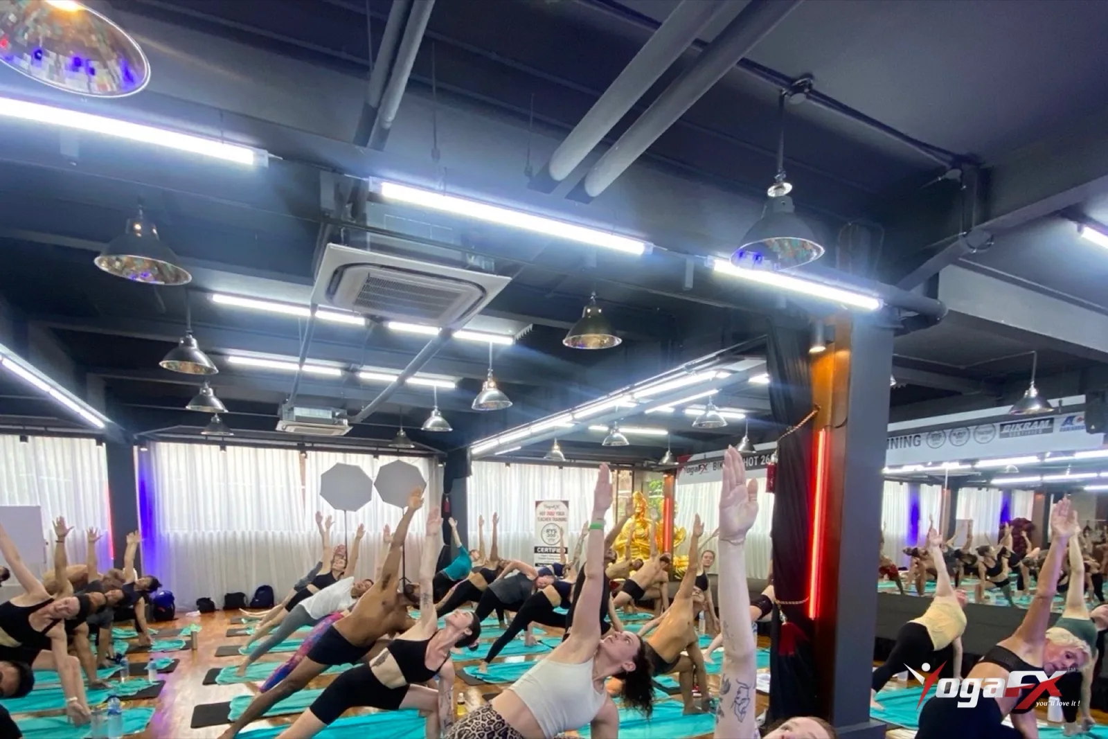 Hot vinyasa vs Bikram: students in triangle pose across a heated studio, the held posture that sets the fixed sequence apart